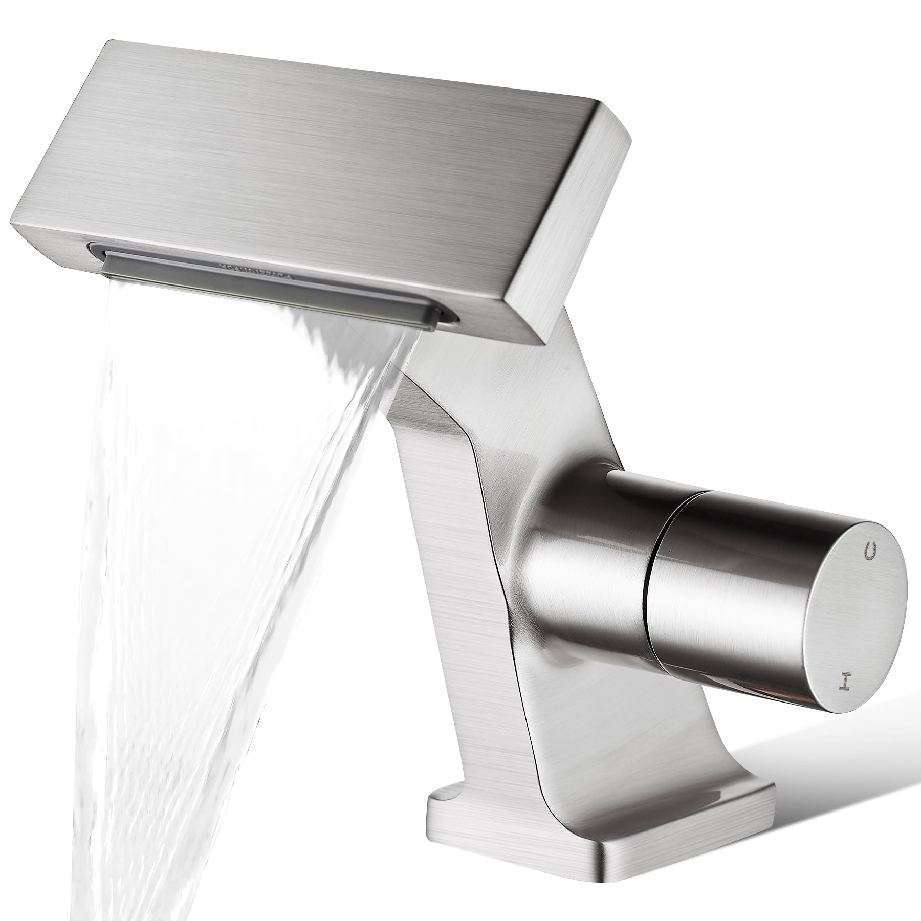 BAKALA Bathroom Sink Faucets Brushed Nickel, Waterfall Bathroom Faucet 1 Hole, Single Handle Brass Bathroom Faucet Deck Mount with 2 Supply Hoses for Basin Lavatory Vanity