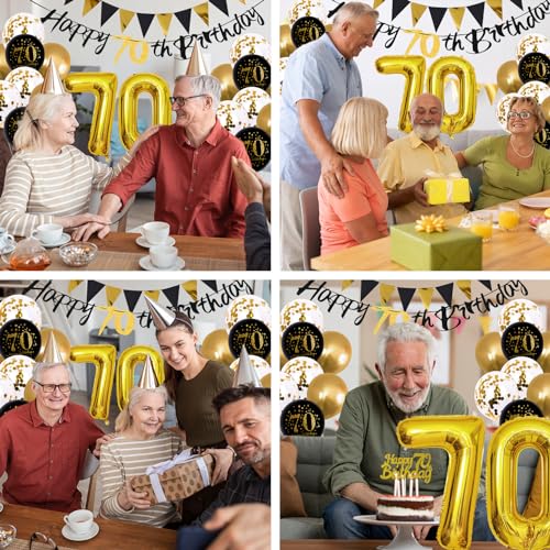 Image of Jobkoo 70th Birthday Decorations Men, Black Gold 70th Birthday Party Decoration Women Golden Black 70th Balloons 70th Cake Topper 70th Banner for 70 Year Old Party Supplies