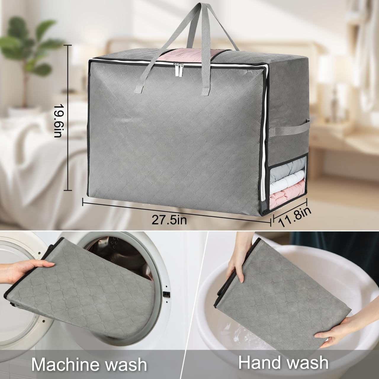 4Pack 105L Extra Large Blanket Storage Bags, Foldable Comforter Storage Bag for Bedding Pillow Sheet Clothes with Handles Zippers Clear Window Closet Organizers and Storages, Grey - Image 6