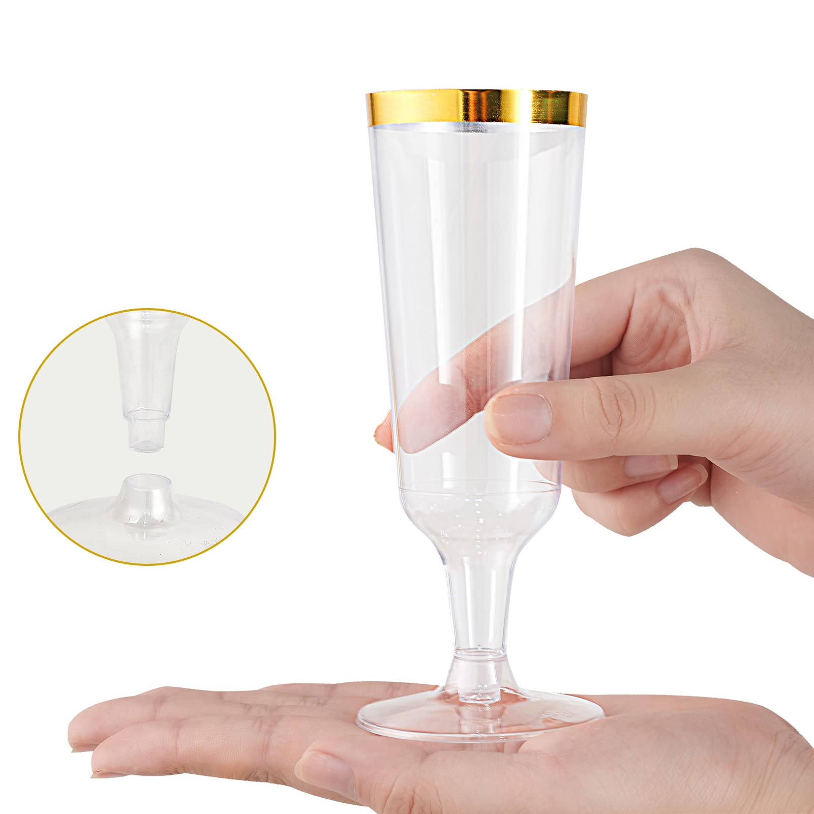 JOLLY CHEF Copas de champán de plástico, borde dorado desechables, 5 onzas, paquete de 50 | Copas de champán de plástico con borde dorado para bodas, día de Acción de Gracias, Navidad, copas desechables