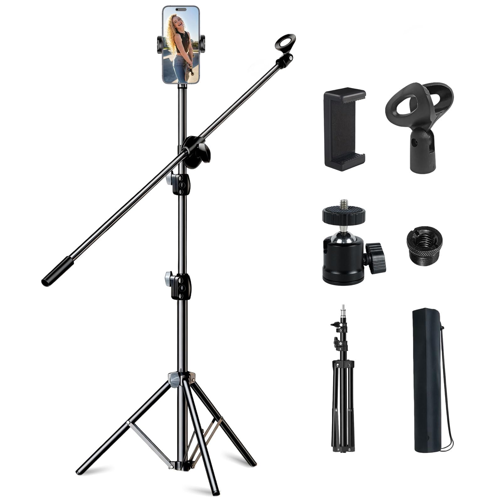 Support de Microphone de bureau Support de Microphone de Table Multifonctionnel réglable avec Clip de Microphone,Clip de Téléphone portable,Adaptateur métallique (Long Stand 2.1M)