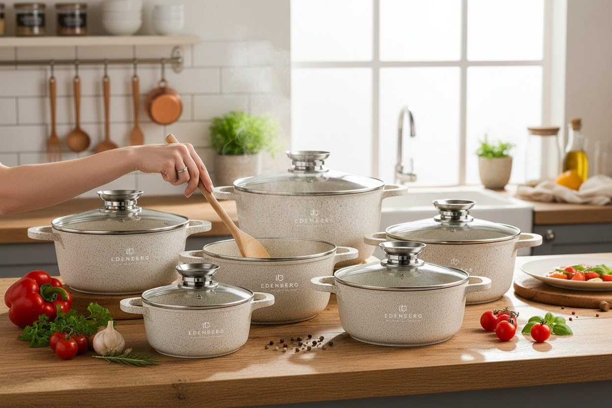 Beige Töpfe mit Marmor-Keramik-Beschichtung 12-tlg Induktion | induktions Töpfe Set, Kochtöpfe, Töpfe Induktion | Kochgeschirr Set, Topfset induktionsgeeignet EB3916