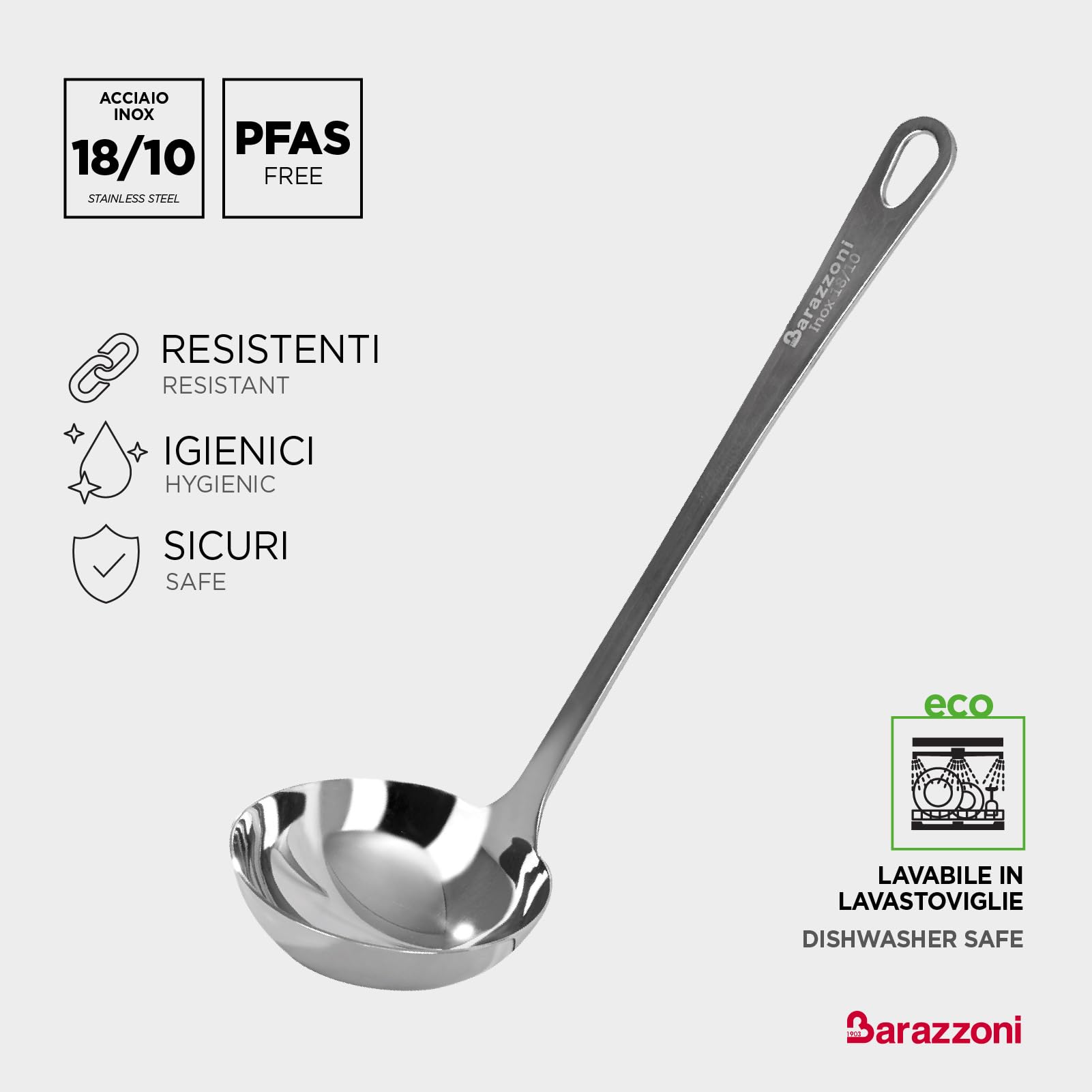 Barazzoni Set mestoli 6 pezzi, Acciaio Inox 18/10. Gli indispensabili in cucina! Dimensioni ideali. PFAS free.