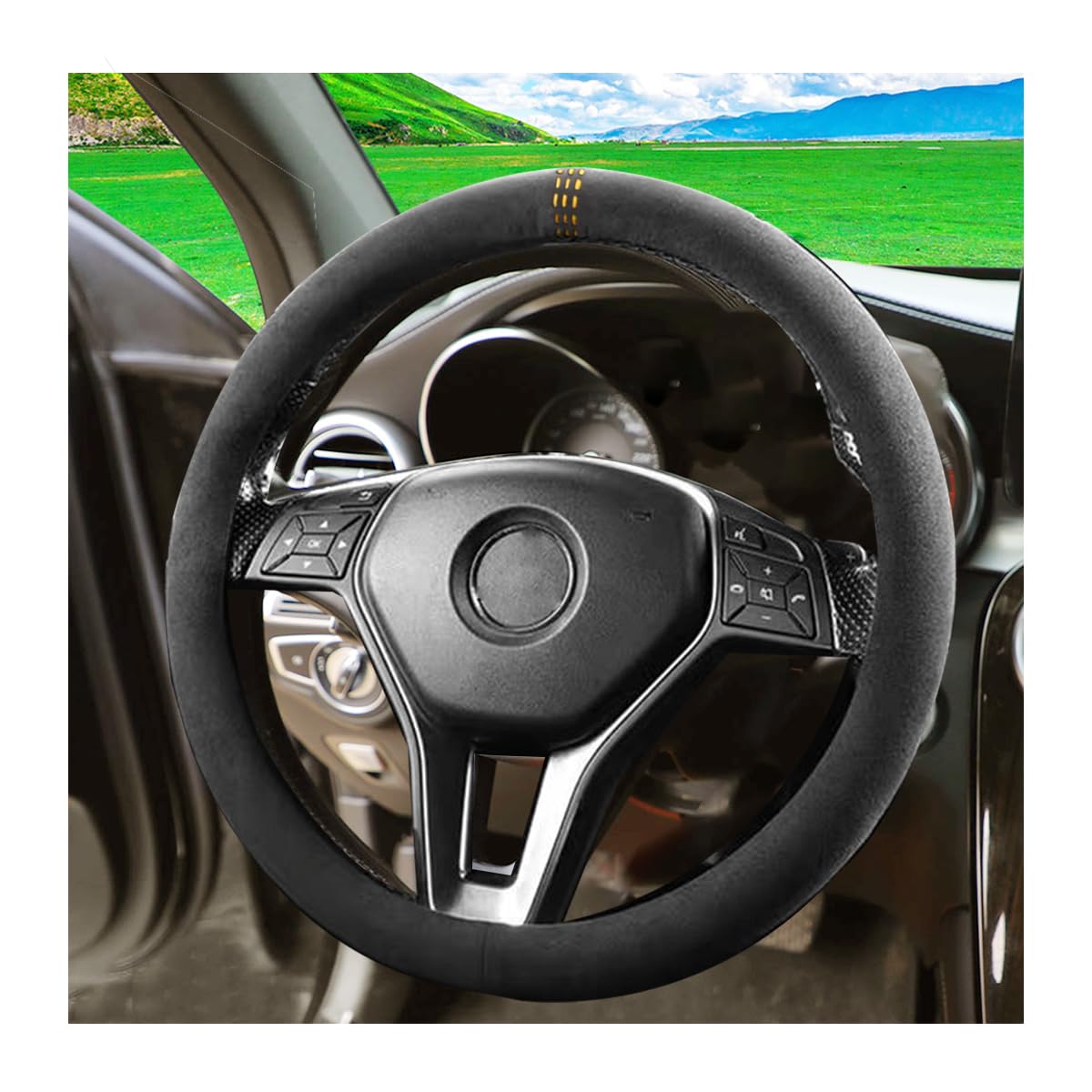 BESULEN Steering Wheel Cover, Anti-Slip and Breathable, Warm in Winter and Cool in Summer, 15 Inch Car Steering Wheel Protector with Grid of The Correction Marker for Men Women