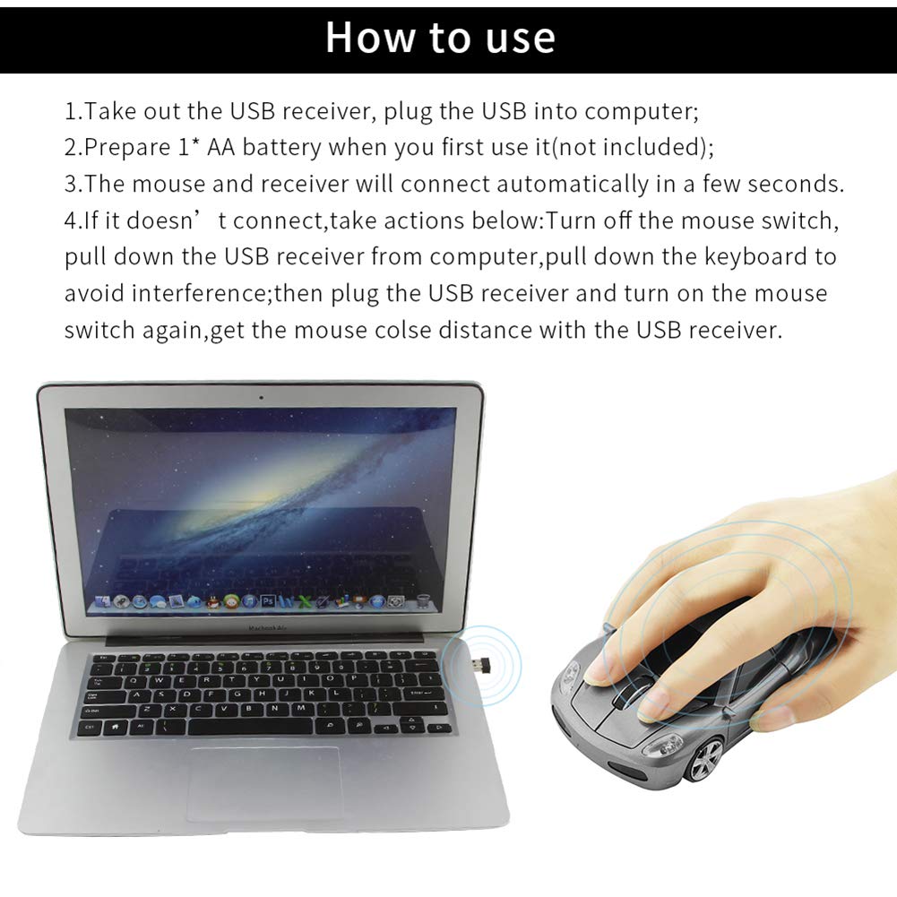 FIRSTMEMORY - Ratón óptico inalámbrico para coche, 2,4 G, con forma de coche de carreras, 1600 DPI, para computadora, PC, portátil, escritorio (gris)