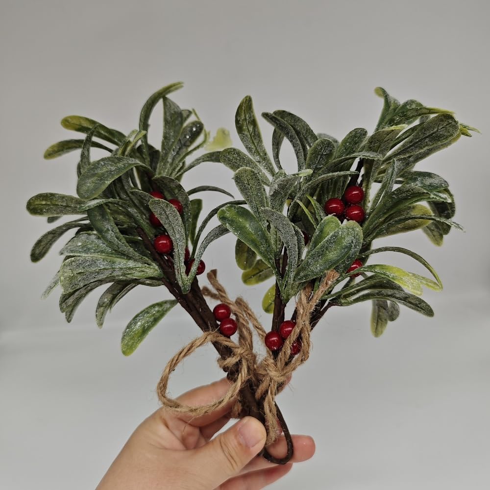 Lot de 2 branches de gui artificielles avec baies rouges, 23 cm, baiser romantique sous le gui