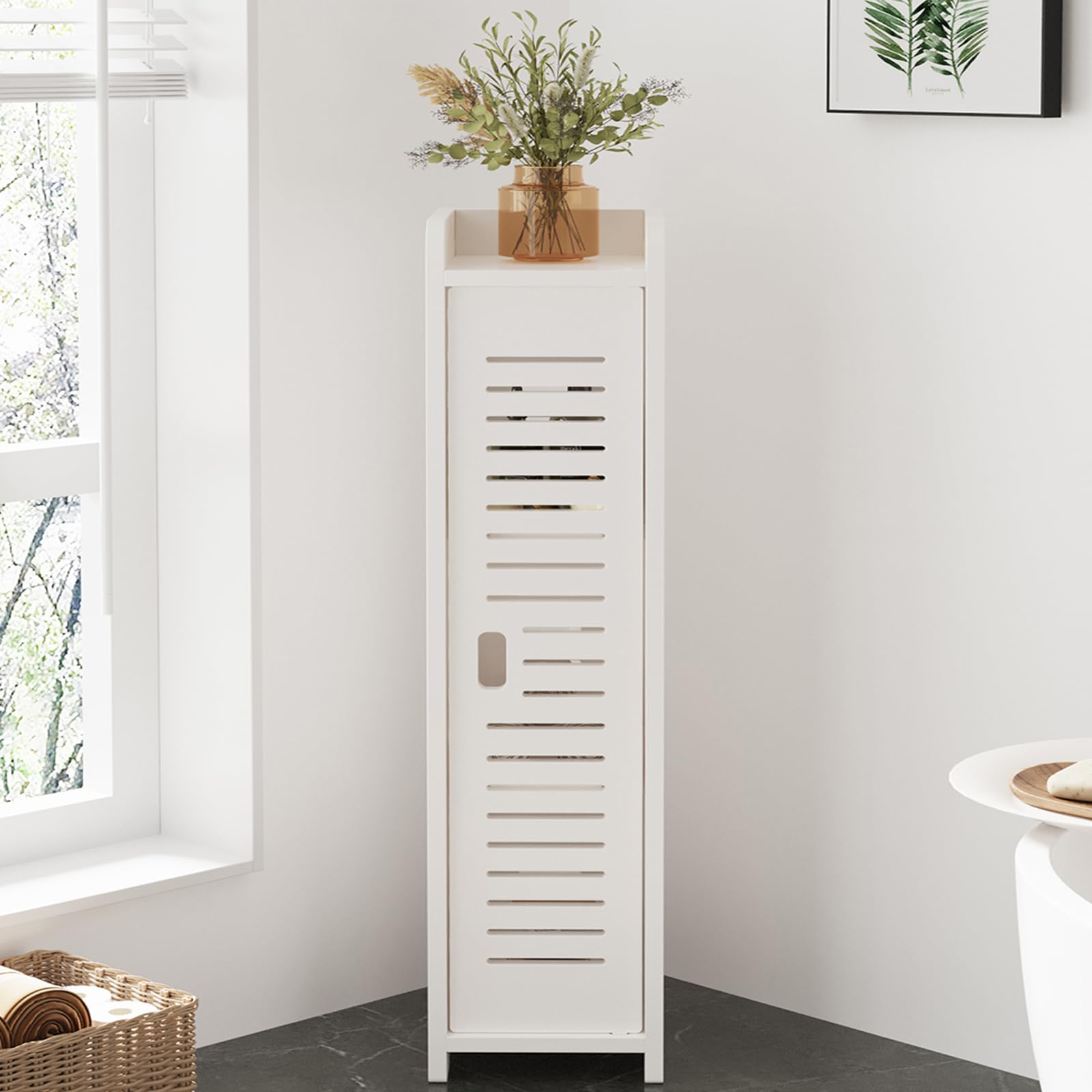 Dripex 4 Tier Bathroom Floor Cabinet, 18W x 20D x 80H cm, Slim White Storage Cabinet with Door, Narrow Free Standing Cupboards Adjustable Shelves for Bathroom or Bedroom (Door Style 2)