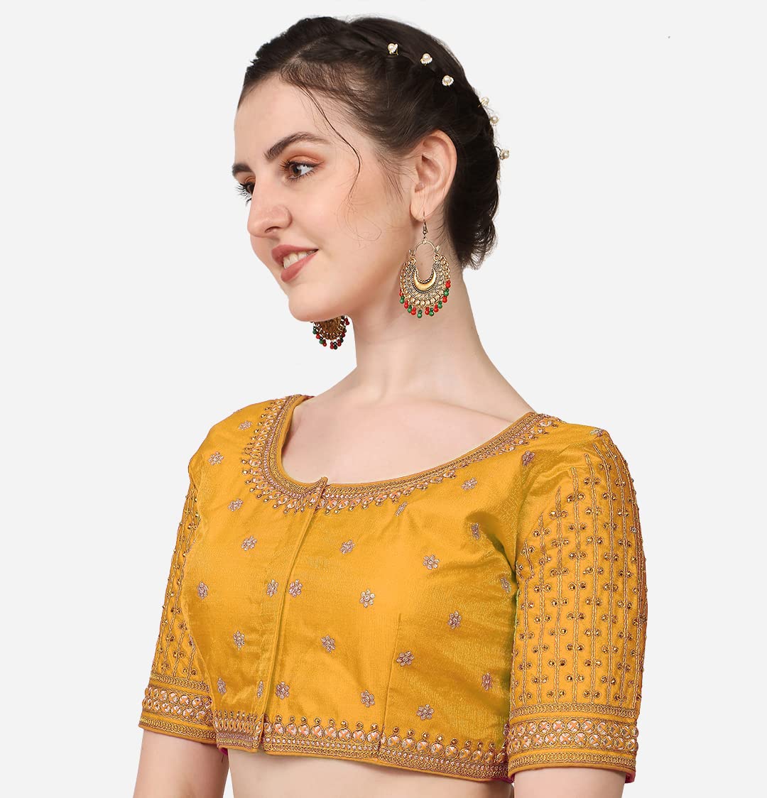 Pujia Mills Women's Cobra Silk Embroidery Coding Stone Work Half Sleeve Saree Blouse