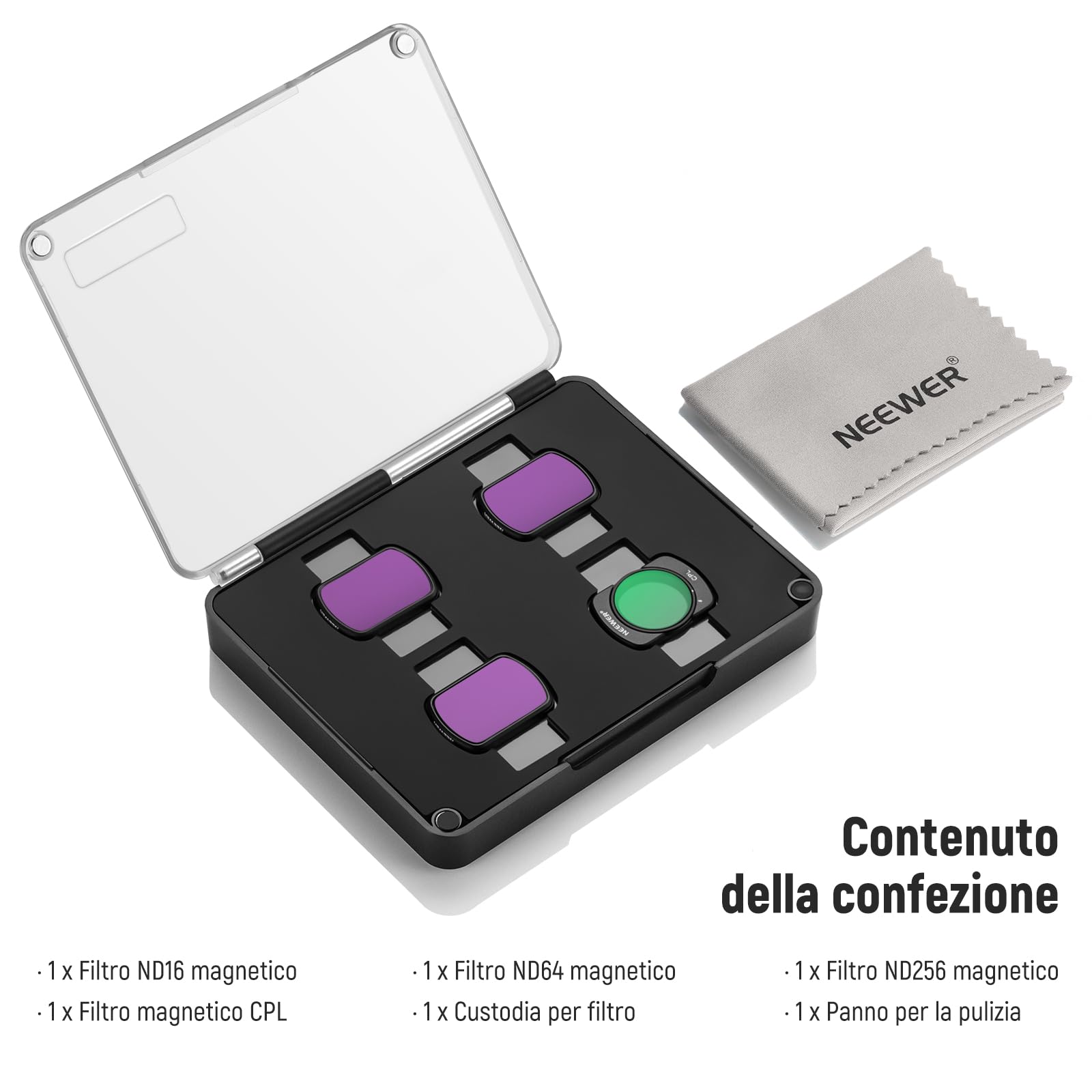 NEEWER Kit Filtri Magnetici ND e CPL Compatibili Con DJI OSMO Pocket 3 / Pocket 4 / Xtra Muse, 4 Pezzi: ND16, ND64, ND256 e CPL. Vetro Ottico HD Multi Rivestito, Struttura Ultra Sottile In Alluminio