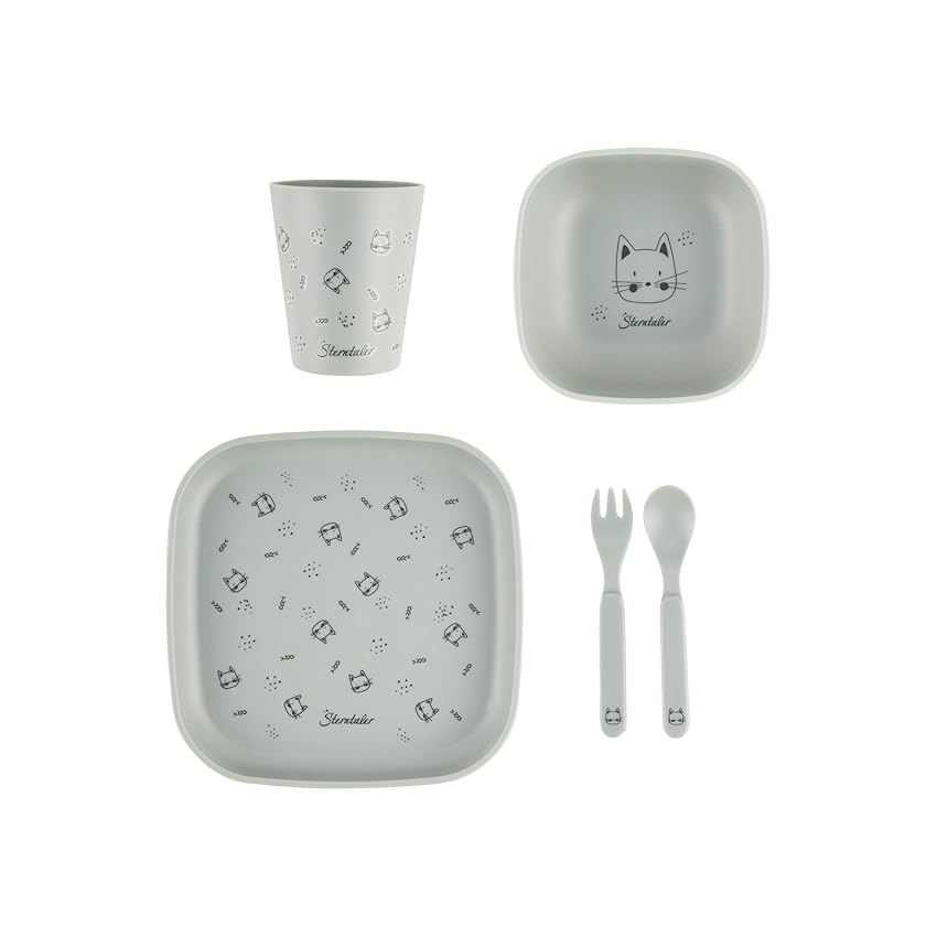 Sterntaler Set di stoviglie gatto Lilly – stoviglie per bambini e bambini in forma quadrata, ideale per nutrire e imparare a mangiare autonomamente, stoviglie robuste in materiale alimentare, verde