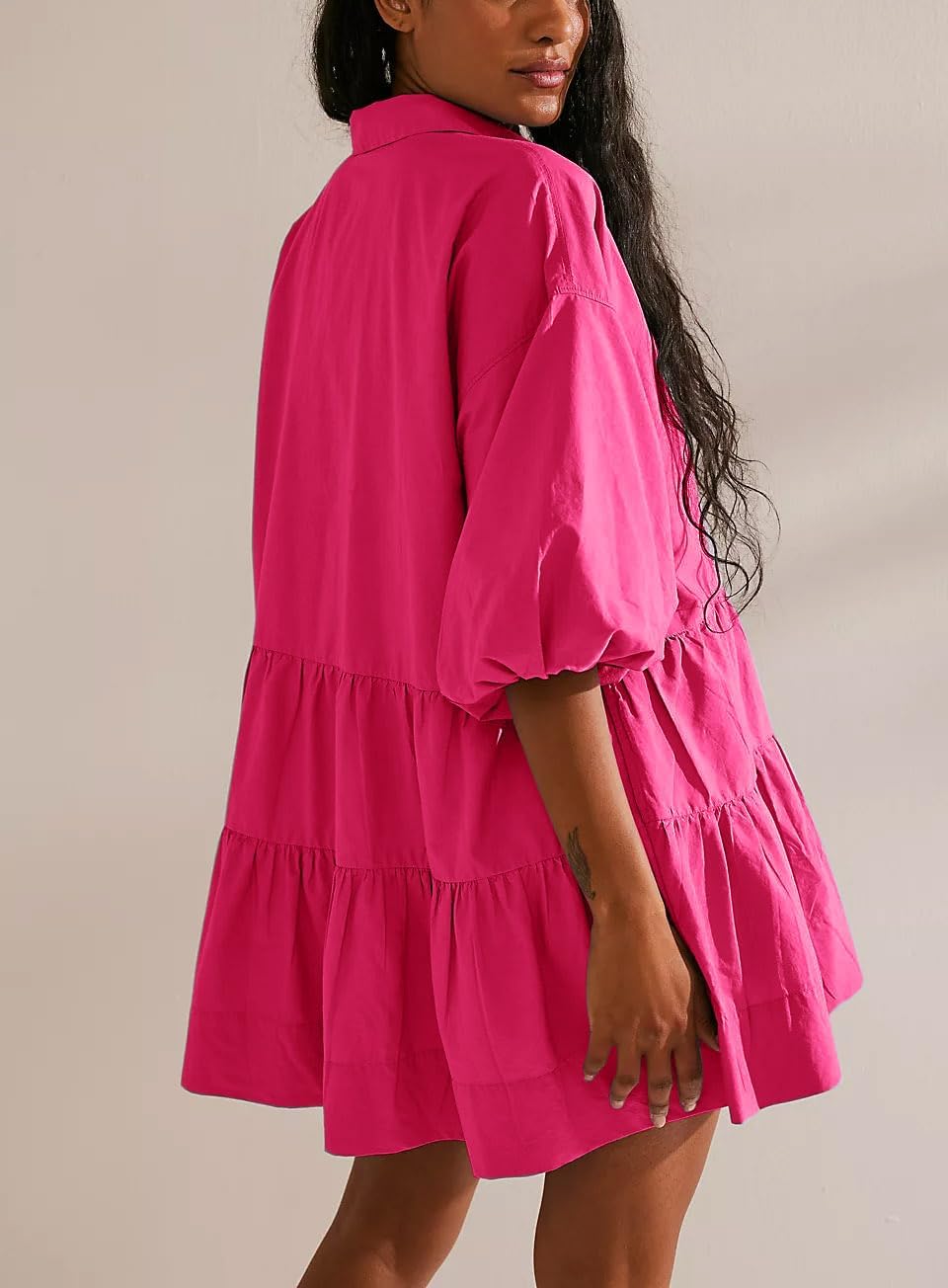 chouyatou Women's Summer Puff Sleeve Tiered Tunic Babydoll Dress Cute Mini Button Down Shirt Dress