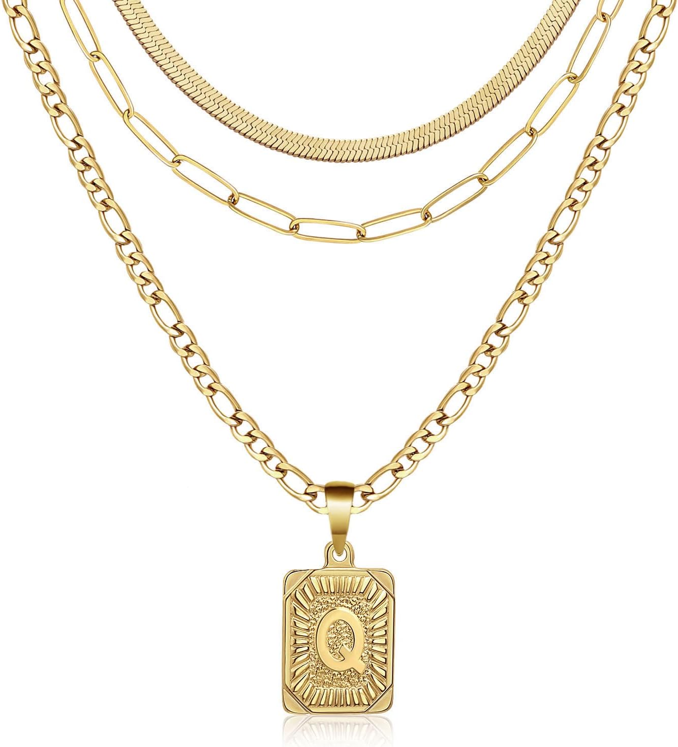 Honsny 3 PCS Gold Layered Necklace Set for Women Gold Filled Dainty Paperclip Snake Choker Figaro Chain Layering Necklaces Jewelry Gifts Square Pendant Letter A-Z