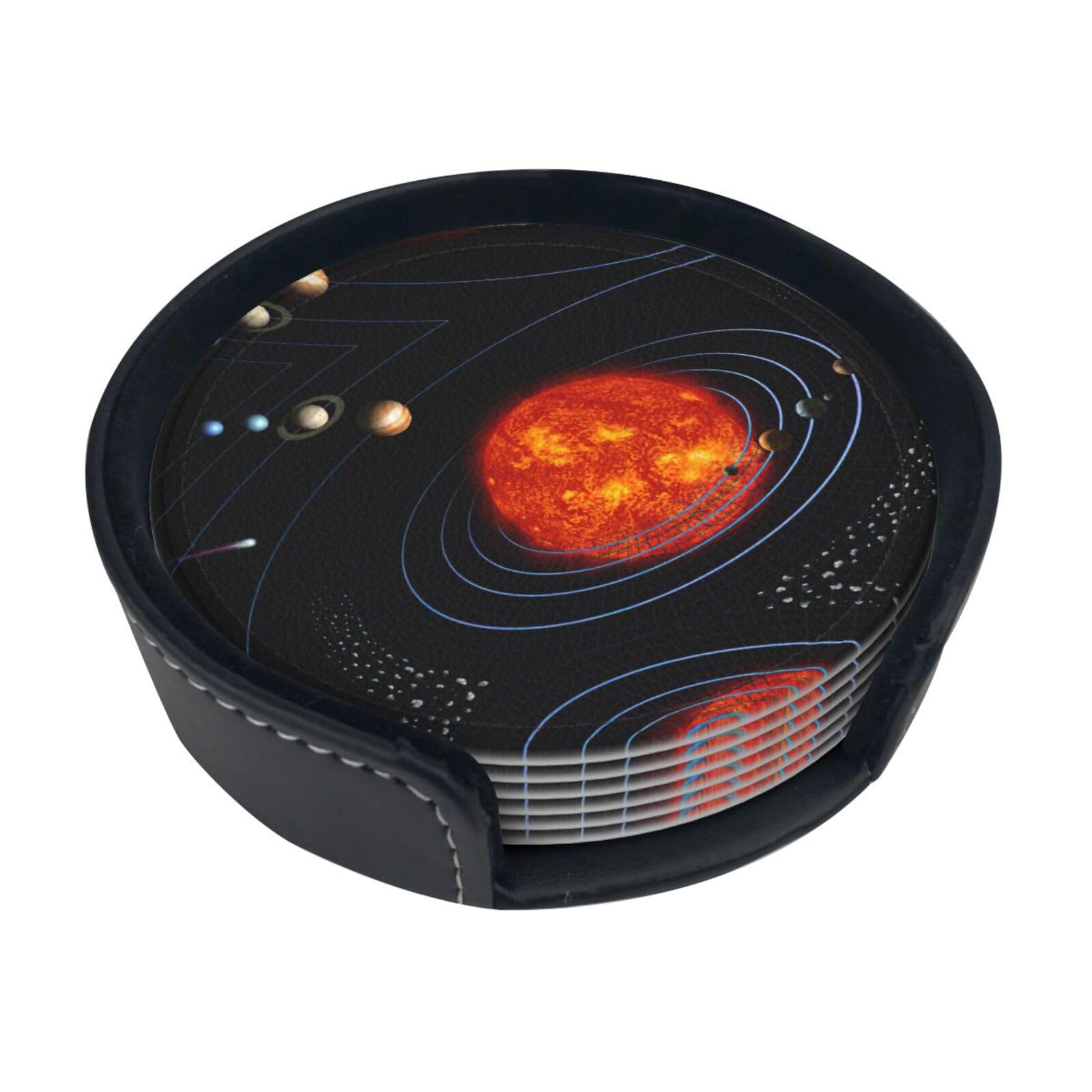 Outer Space Galaxy Solar System Print Leather Coasters Set Of 6 With Holder,4 Inch Round Drink Coasters,Heat Resistant,Easy Clean For Home & Bar