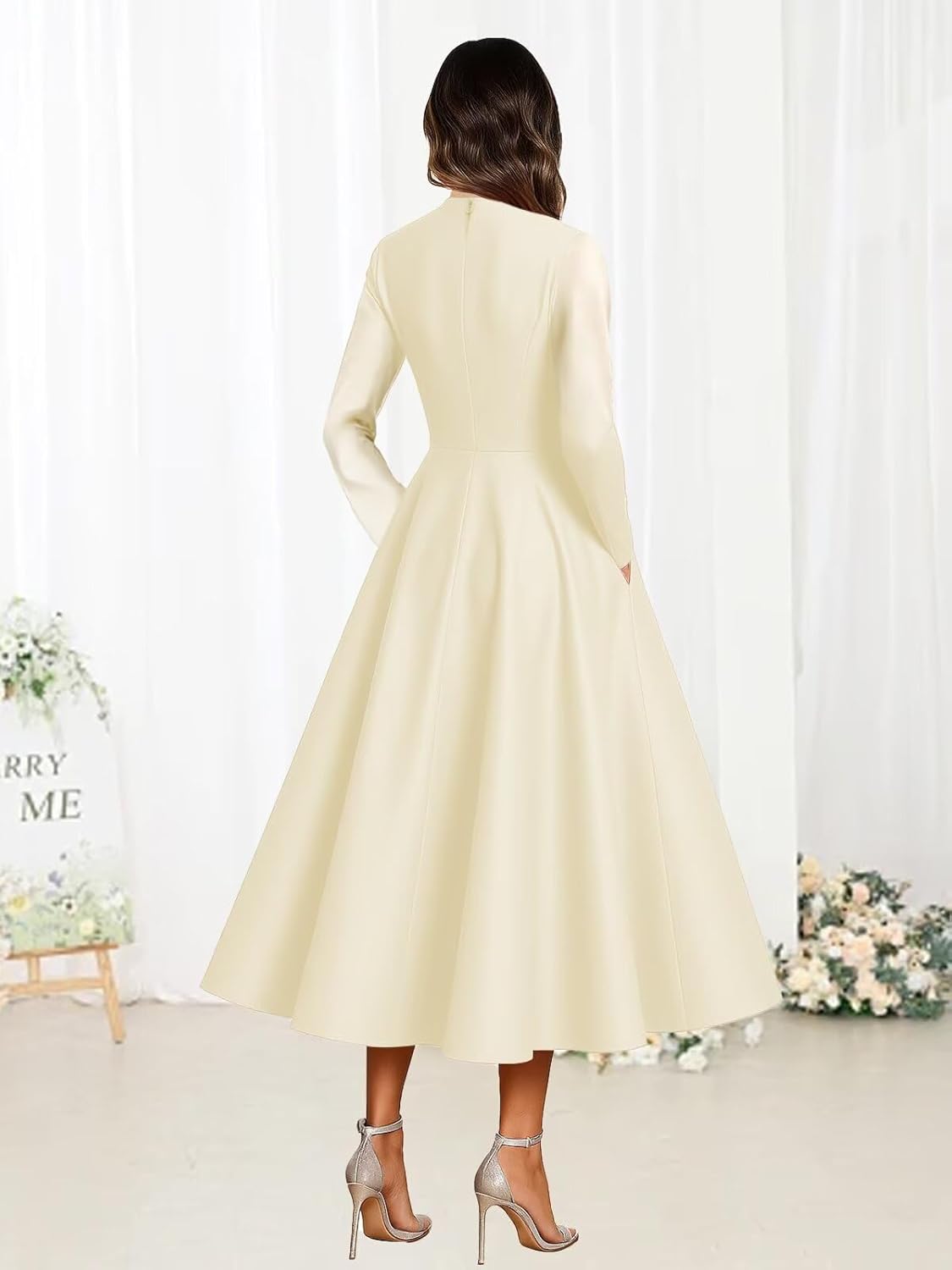 Satin Mother of Bride Dresses Long Sleeve A Line Tea Length Wedding Guest Dress with Pocket - Image 4