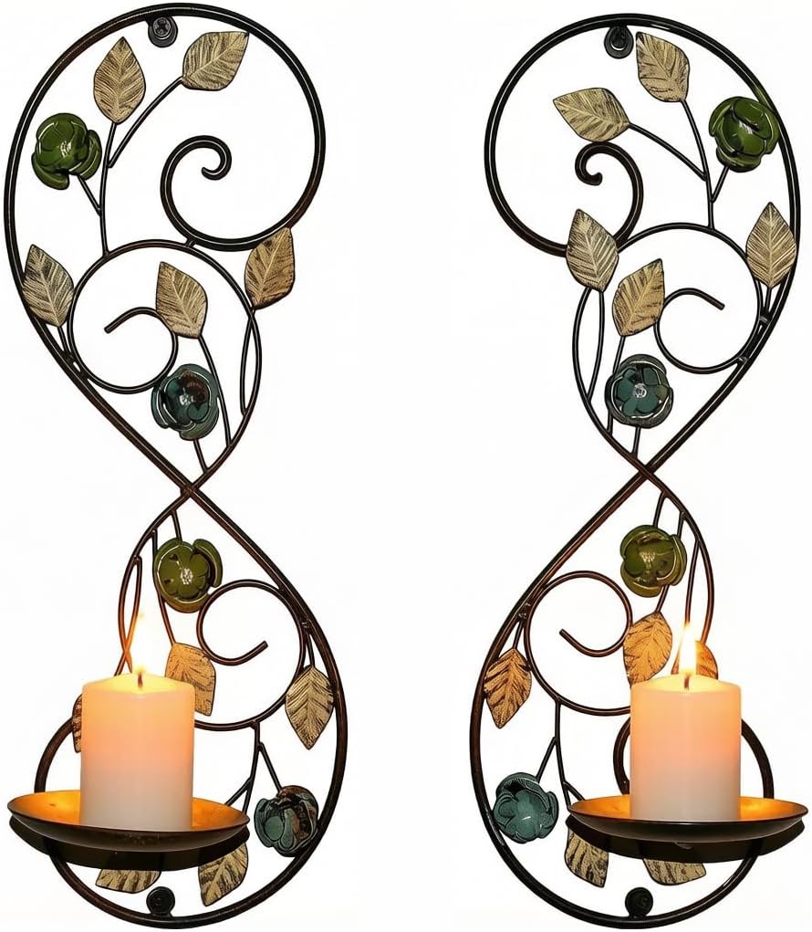 Wall Candle Sconces Set of 2, Rustic Metal Wall Mount Candle Holders with Foldable Tray, Vintage Leaf & Flower Branch Wall Decor for Living Room Farmhouse Mantle Fireplace Wedding (Multi-Color-1)