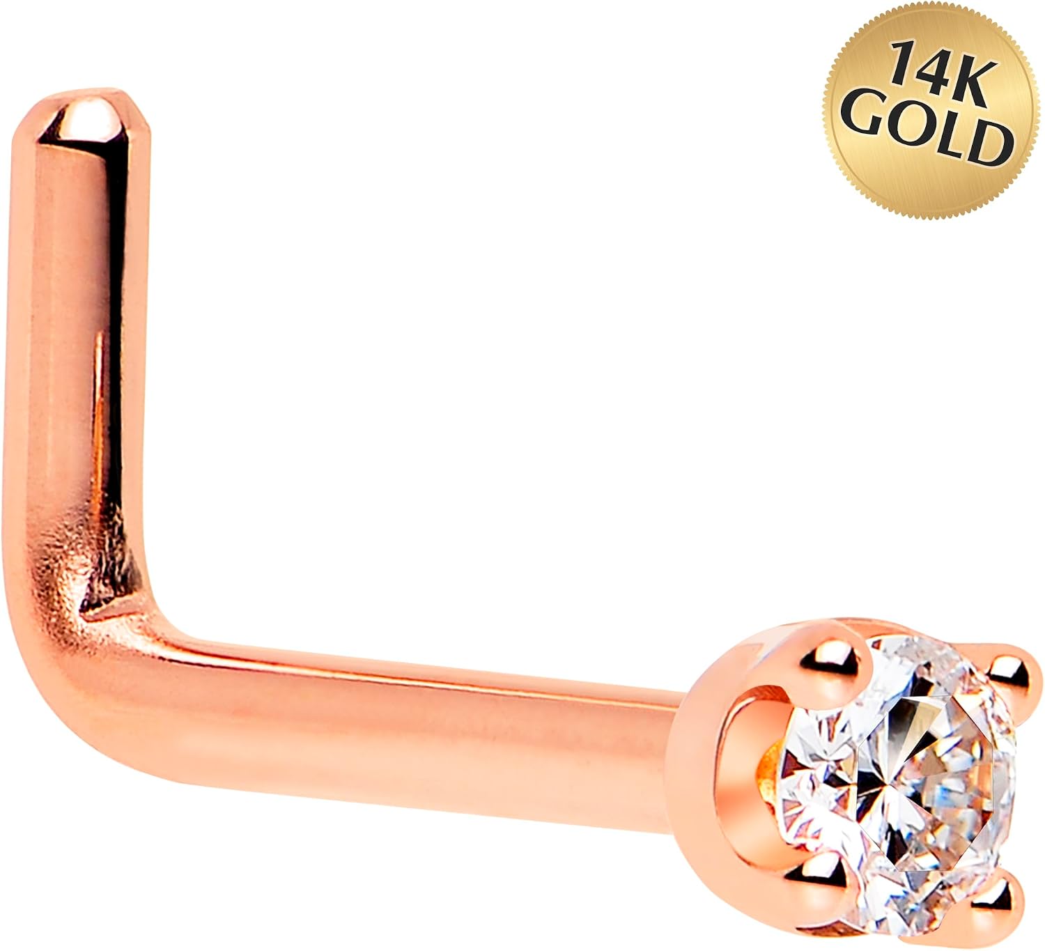Body Candy 14k Solid Gold Nose Ring Studs -2mm Moissanite L-Shape 18 Gauge Real Rose Gold Nose Ring Piercing Jewelry - 14 K Gold Nose Stud, Nose Piercings, Gold Nose Studs for Women, Men
