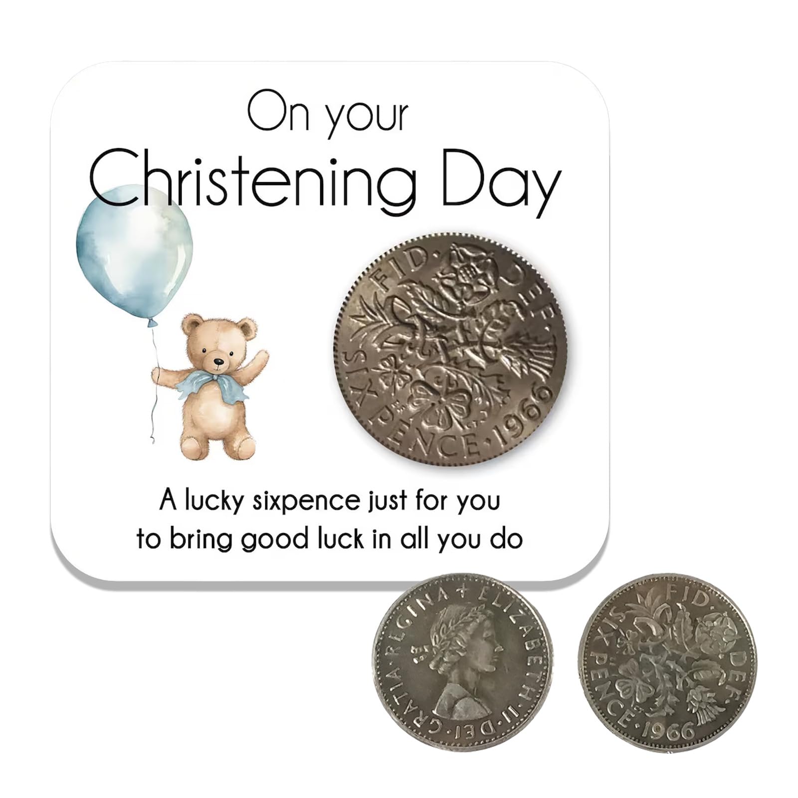 Plorede Christening Gift Lucky Sixpence Silver Coin & Keepsake Card - 'On Your Christening Day' Blessing for Baby Girls, Daughter, Niece, Granddaughter - Traditional Baptism Present (Blue)