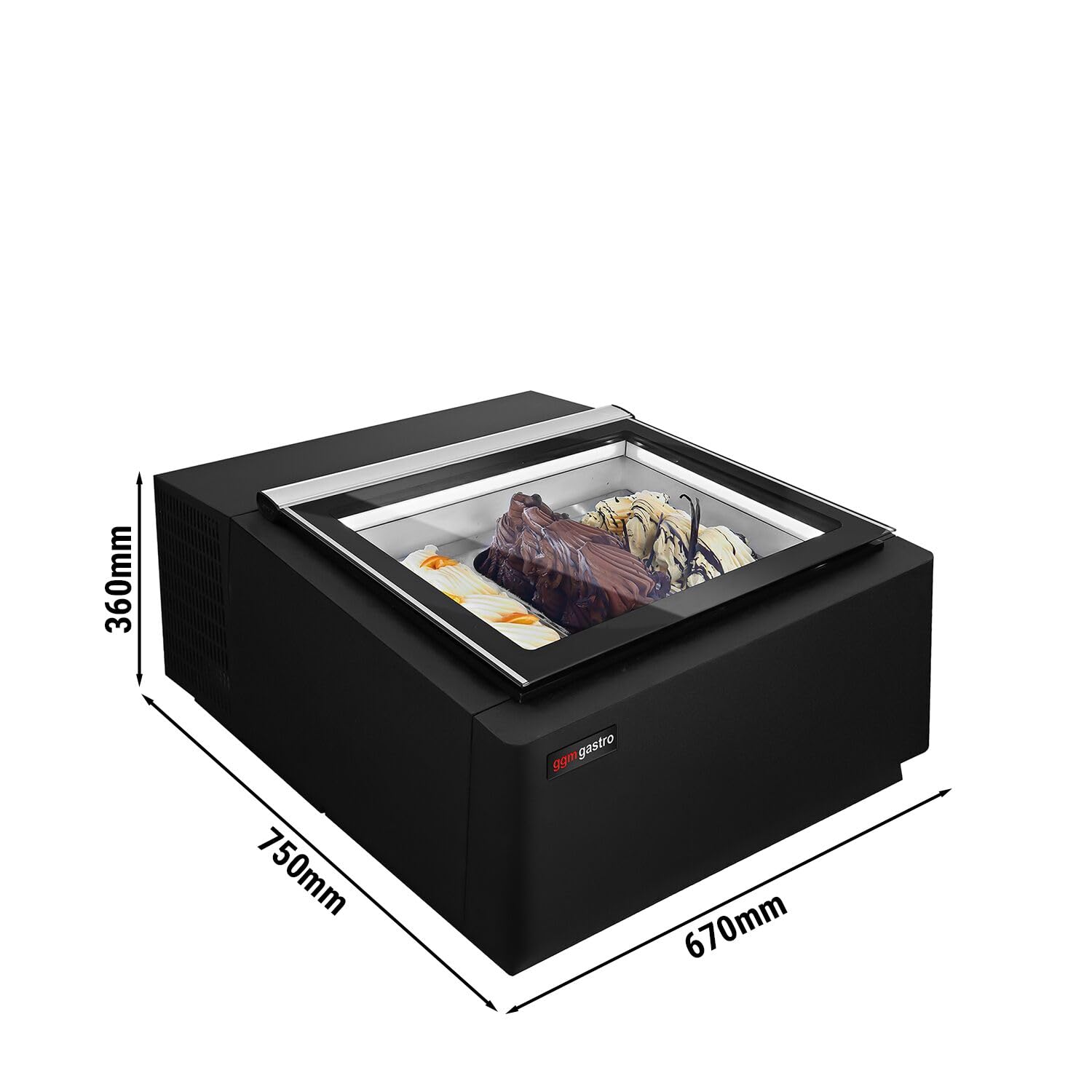 GGM Gastro Tisch-Eisvitrine 670mm für 3x 5L Eisbehälter | Robuste Edelstahlkonstruktion, beheizbare Scheiben für klare Sicht, automatische Abtaufunktion, energieeffizient
