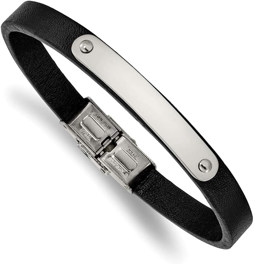 Solid Stainless Steel Men's Leather 8.5in ID Bracelet Engravable Identification Name Bar Tag 8.5" (Width = 7mm)