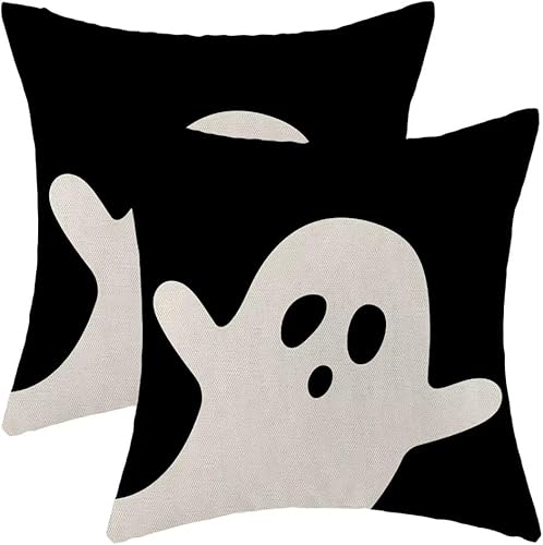 AEIOAE Juego de 2 fundas de almohada de Halloween de 18 x 18 pulgadas, almohadas de fantasma blanco y negro, fundas decorativas de lino para