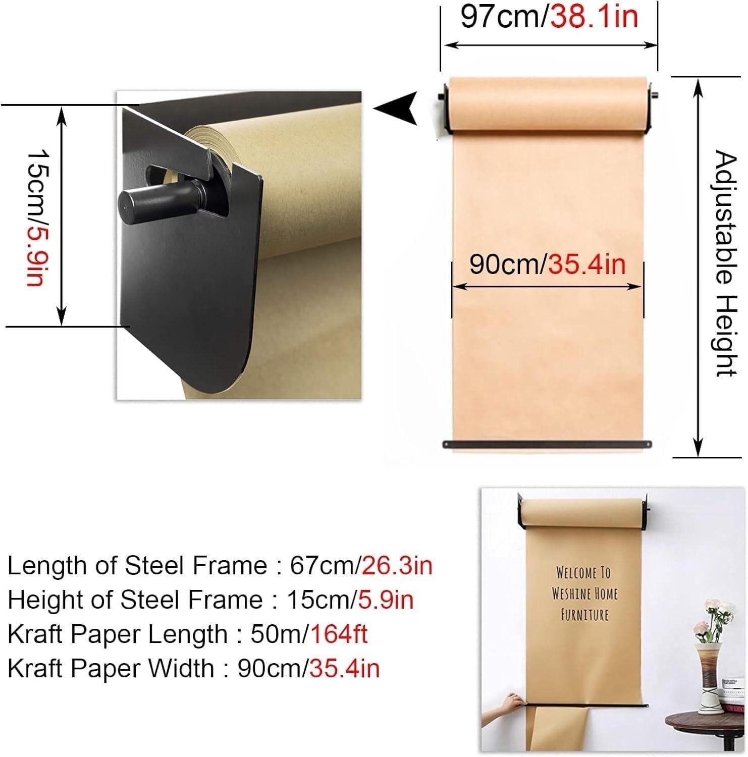 Naścienny uchwyt dozownika rolek papieru kraftowego, czarno-biały, 97 cm szerokości, idealny do zawieszania i cięcia papieru, idealny do majsterkowania i użytku domowego