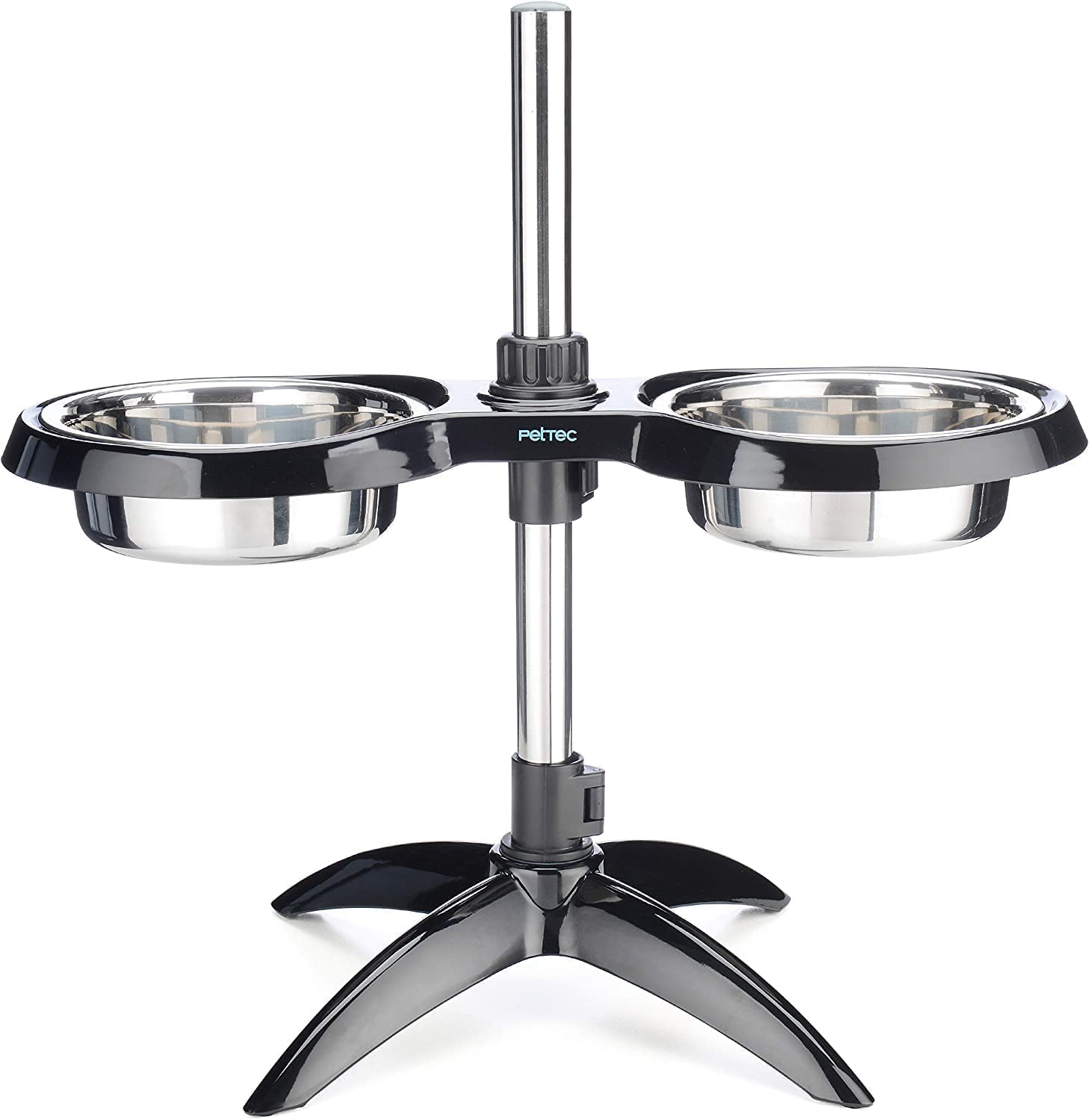 PetTec Gamelles d'eau et Croquettes - Pied à Hauteur Ajustable pour Chien - Buffet Surélevé pour Animaux - Pied Anti-Dérapant, Bols en INOX - Système Anti-Glouton Optionnel - 2.5L Noir
