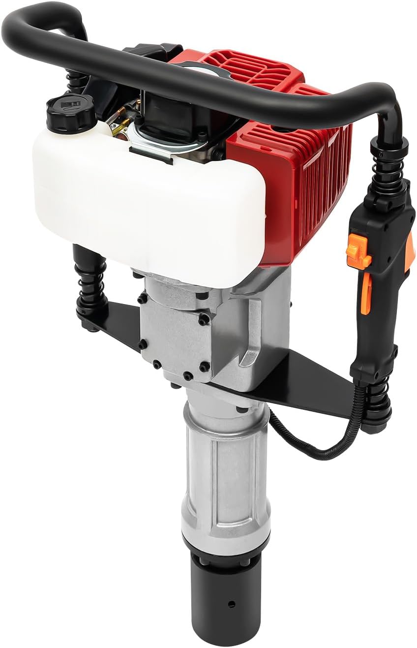 Gas Powered Fence Post Driver 2-Stroke 2.5HP 52CC T Post Pounder Driver Heavy Duty Gasoline Fence Pole Hammer Single Cylinder Air Cooled Gas Pile Driver Hammer with 2 Post Driving Heads