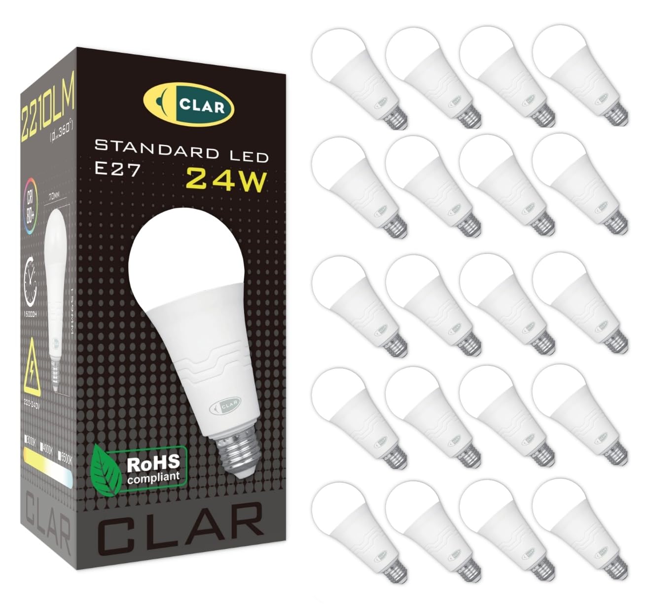CLAR - Lampadina LED E27 200W/150W, Lampade LED Piu Luminose, Lampadina LED 200W, Lampadine LED E27 Luce Naturale 150W, Lampadina 150W, 24W 4000ºK (Pack 20)