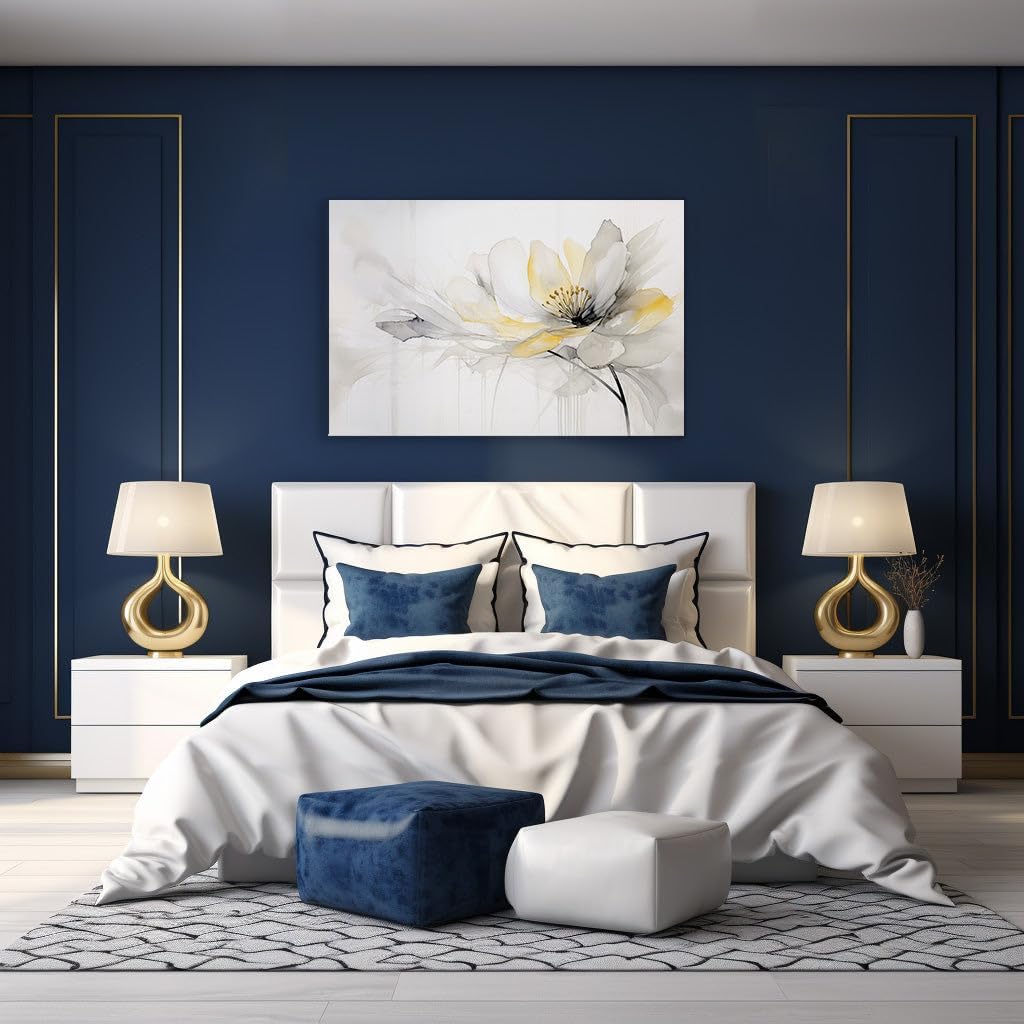Canvas for Living room. Blooming in Digital Elegance: A Study of the White Flower with Yellow Highlights and Soft Gray Touches, 27 x 18 inch Canvas Wall Art - Botanical Home Decor
