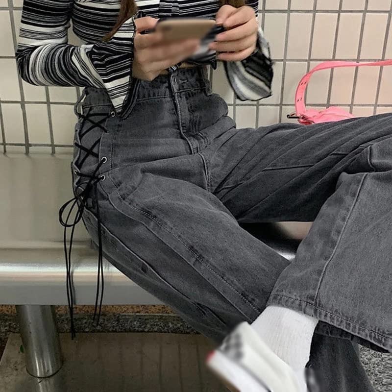 Amazon.co.jp: SHYPYG ハイウエストジーンズ女性サイドレースアップ 