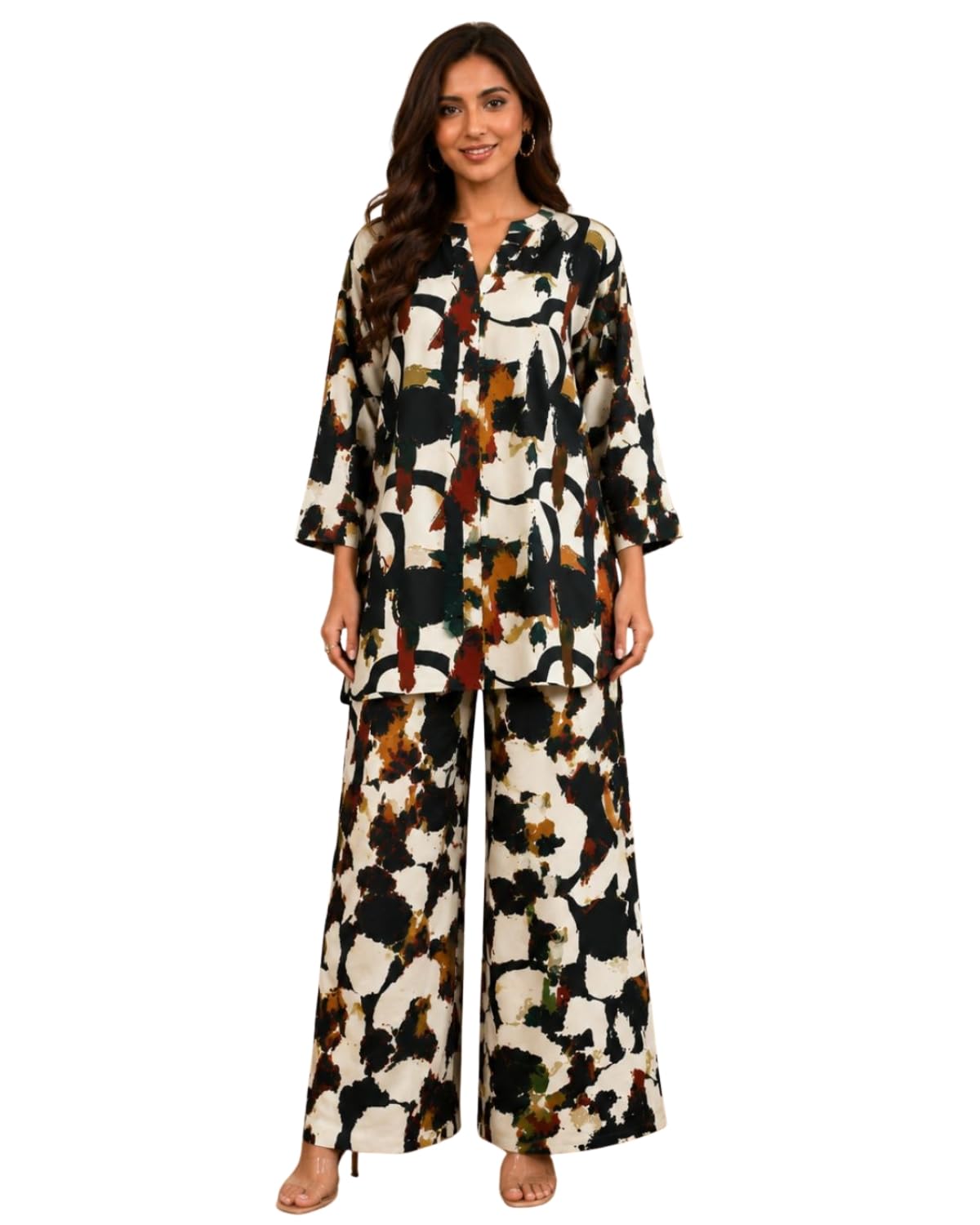 Women's Printed Cotton Rayon Co-Ord Set | V-Neck 3/4 Sleeve Tunic Top with Wide Leg Palazzo Pants | Casual, Office, Travel & Summer Wear-image-19