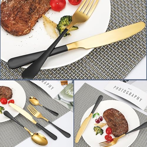 Image of 24 Pieces Flatware Set, Stainless Steel Cutlery Set with Silverware Holder, Modern Gold Silverware Set Includes Dinner Knives Forks Spoons,Hanging Silverware (Black)
