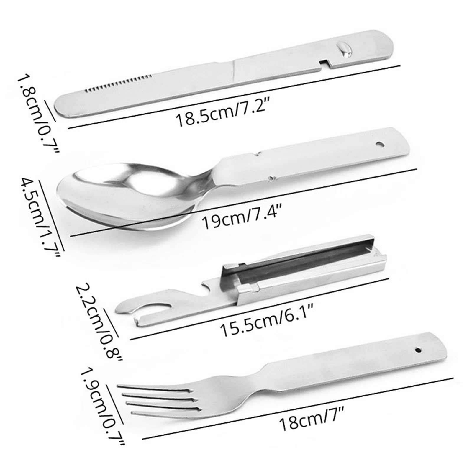Juego de cuchillo, tenedor y cuchara Cuchara, tenedor, cuchillo y abrelatas/botellas portátiles de acero inoxidable 4 en 1 for acampar, utensilios de camping, multiherramienta de viaje