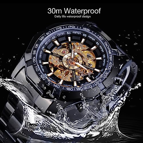 Image of FORSINING Men's Watch Self-wind Skeleton Hollow Out Mechanical Automatic Luxury Watches, Blue Black Stainless Steel Band Waterproof Wristwatch