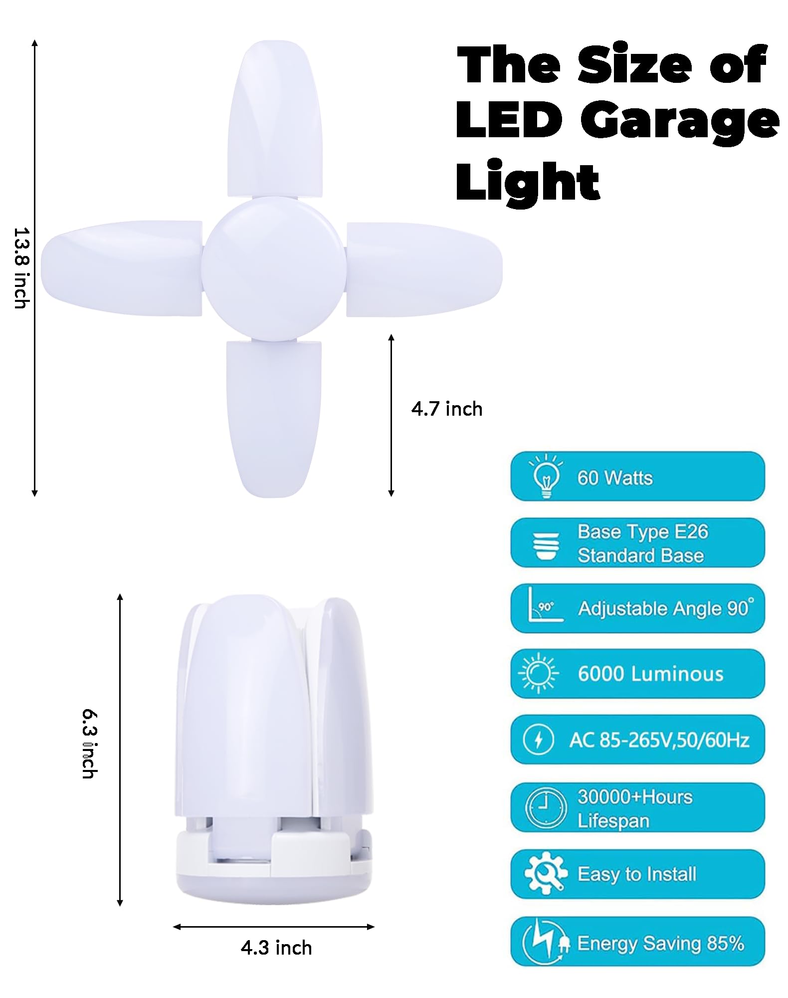4 Pack LED Garage Lights 6000LM 60W Deformable Shop Light with 4 Adjustable Panels 6000K Garage Lights Ceiling — view 6