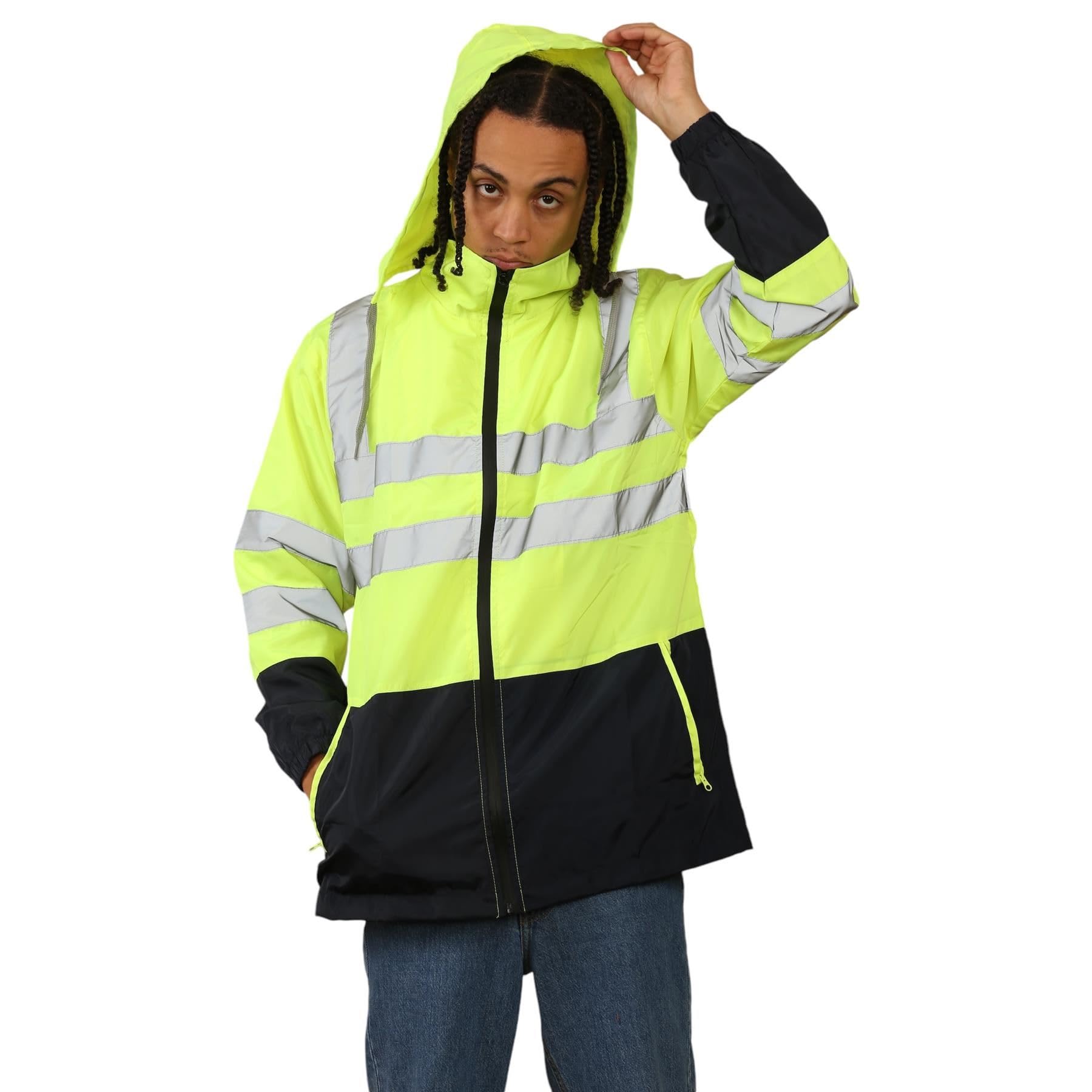 Janisramone® Chaqueta impermeable de alta visibilidad para hombre, chaqueta de trabajo con capucha reflectante y colores en contraste