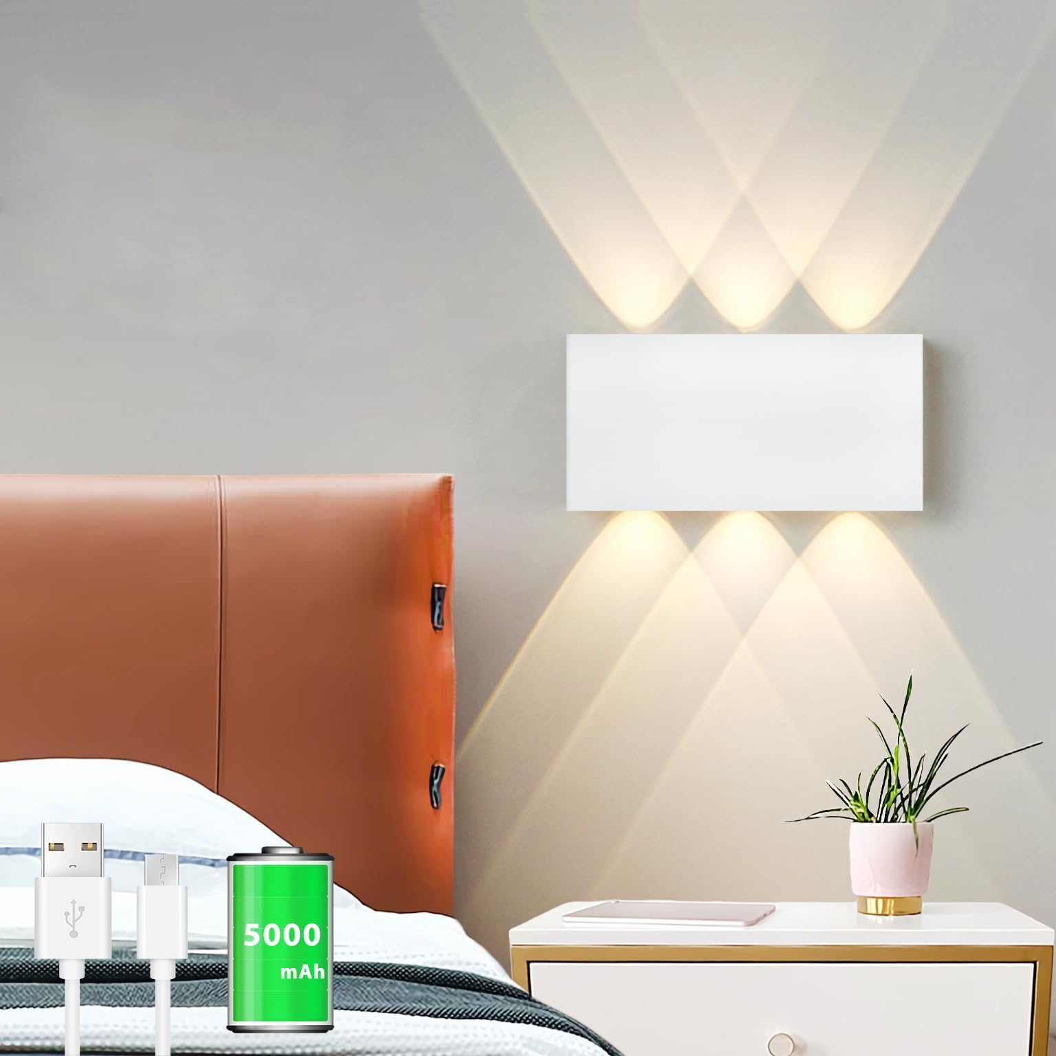 LZGS Go Swing Bands LED Battery Wall Lamp with 5000 mAh Battery with Switch Touch Control 3 Modes Brightness Levels for Living Room Staircase Hallway Wireless Wall Lights Walnut (White)