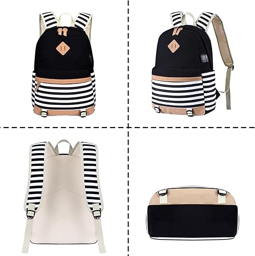 Miniatura 5 de Juego de bolsas escolares de lona a rayas, mochila casual para laptop, mochila para estudiantes universitarios, mochila para adolescentes, Mochila a