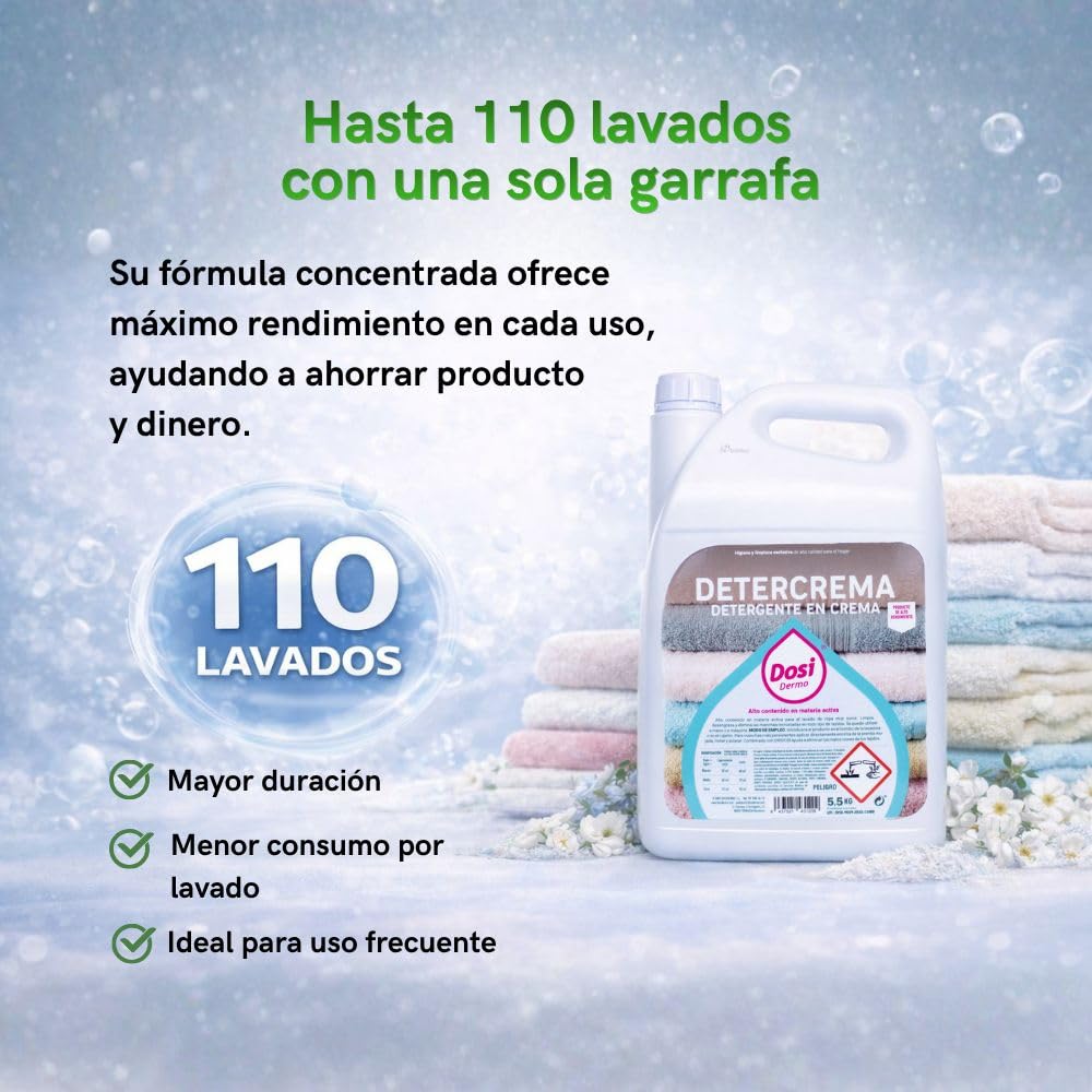Detergente en Crema Detercrema 5,5 KG Profesional | 110 Lavados | Desengrasante Potente para Ropa Blanca y de Color | Lavado a Mano y Máquina | No Destiñe ni Encoge