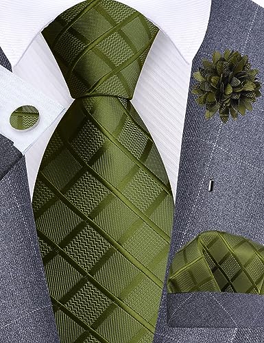 Image of GUSLESON 3.15 inch(8cm) Mens Tie and Lapel Pin Plaid Checkered Necktie Hankerchief Cufflinks Set for Men
