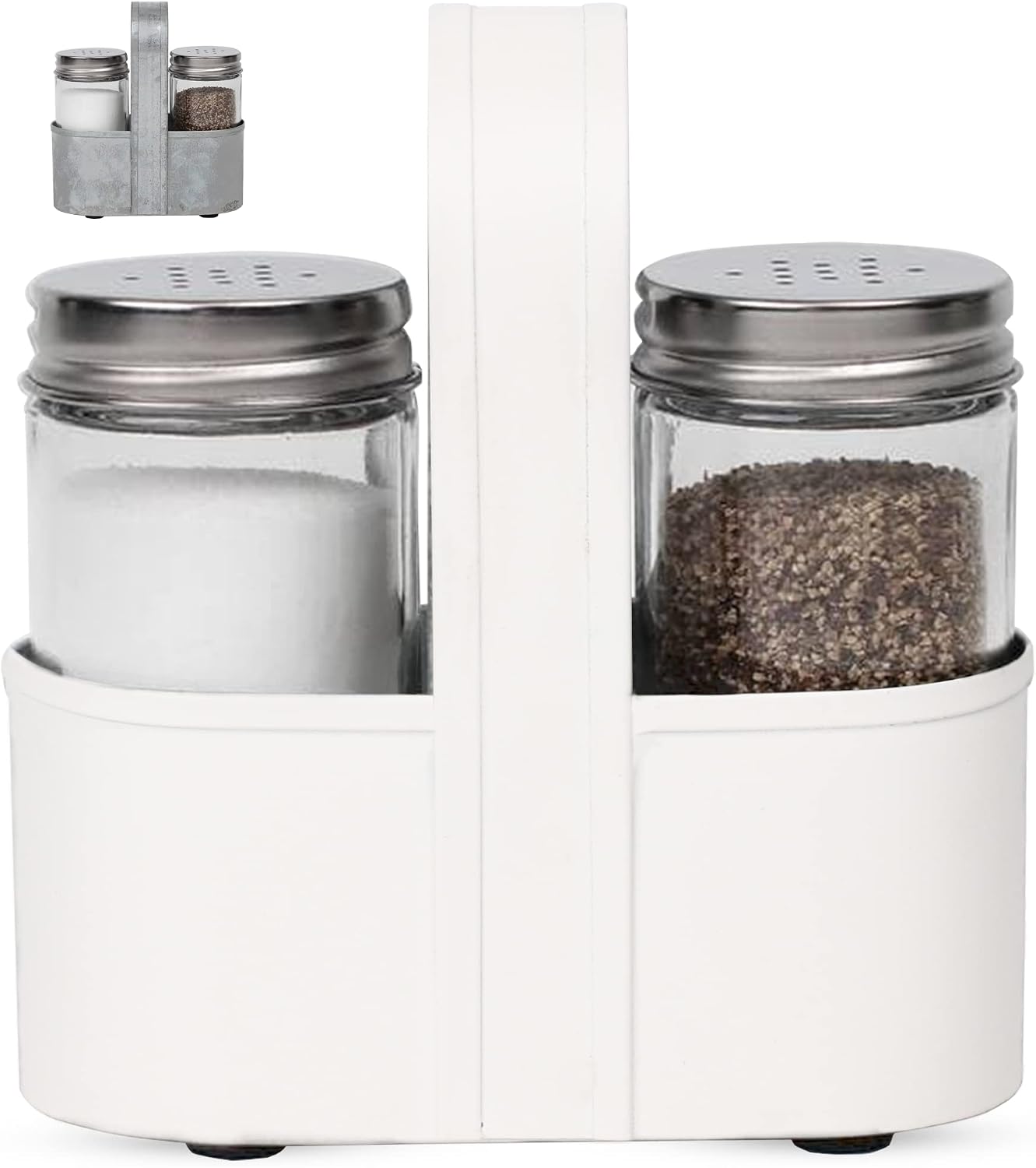 Vintage Salt and Pepper Shakers With Holder by Saratoga Home - Farmhouse Salt and Pepper Caddy, Salt and Pepper Shakers Farmhouse, Cream White Salt and Pepper Shakers, Each Shaker Holds ½ C, White