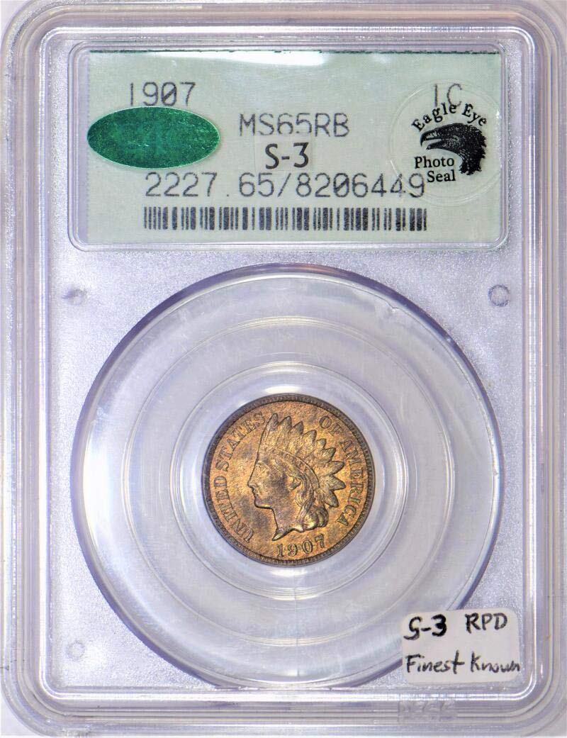 1907 No Mintmark Indian Head With Photo Seal; S-3 Repunched Date Cent MS-65 PCGS