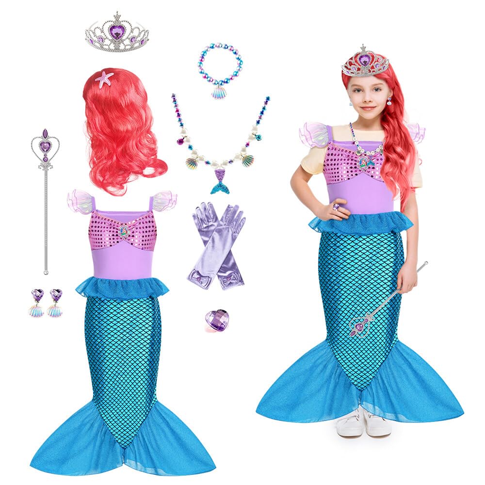 IXYHKBMermaid Costume Kids, 11PCS Mermaid Costumes Set with Red Wig, Dresses, Crown and Jewelry set, little mermaid dress up for girls, Mermaid Role Play Dress Up set for Kids Party Birthday Gift