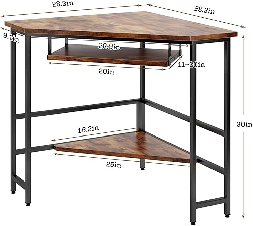 Miniatura 2 de DlandHome Escritorio esquinero triangular para computadora con bandeja para teclado, mesa de computadora portátil, escritorio pequeño para