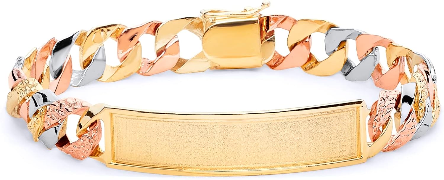 Wellingsale 14k Tri 3 Color Gold Solid Brilliant Mens Nugget Cuban ID Bracelet - 8.5"