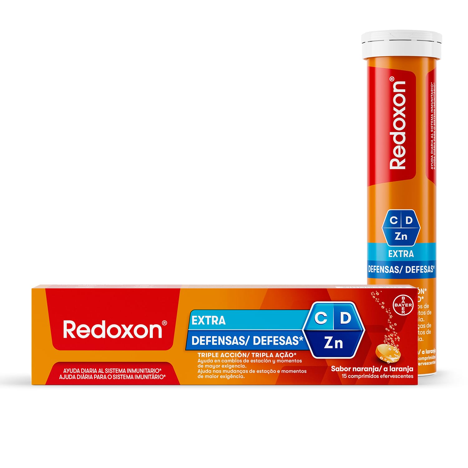 REDOXON Vitamina C Extra Defensas Complemento Alimenticio con Vitamina D y Zinc, Ayuda al Sistema Inmunitario, Sabor Naranja, 15 Comprimidos Efervescentes
