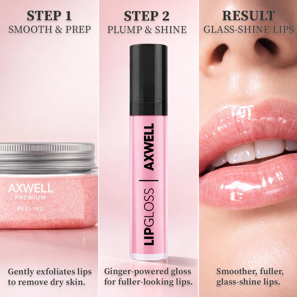 Axwell Lip Plumper Gloss – Volumizing & Hydrating Lip Care with Ginger Oil – High Shine & Non-Sticky Formula for Fuller Looking Lips – Glassy Finish & Soft Feel (0.27 fl oz)