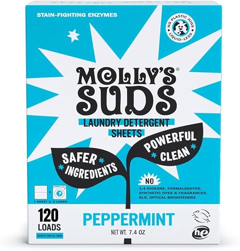 Molly's Suds Hojas de detergente para ropa Suave con la piel sensible, potentes enzimas a base de plantas, lucha contra las manchas Embalaje sin