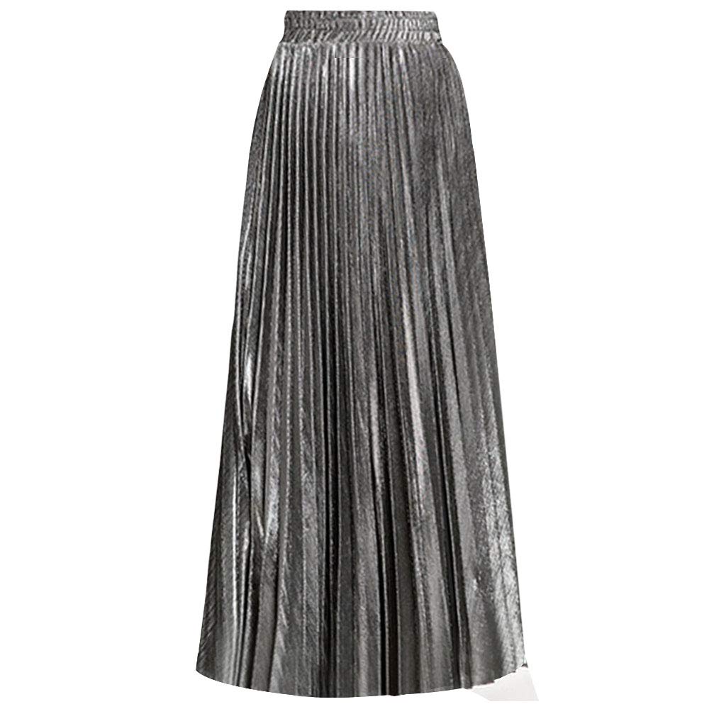 Rebecca Women's Midi Skirt Long Pleated Skirt Shiny Shimmer A Line High Waist Skirts