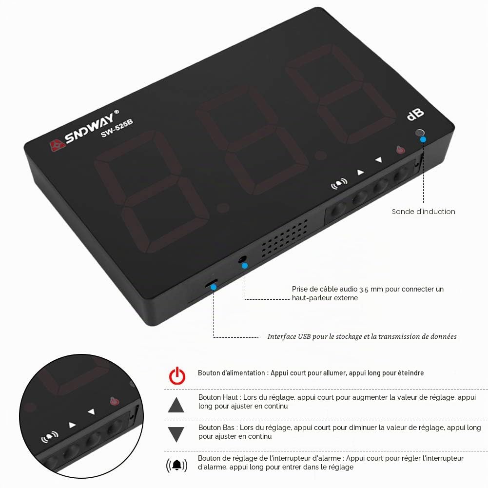 Zerodis Sonomètre Professionnel avec Seuils d'Alarme Fixés Décibelmètre Numérique LCD Portable 30~130 DB Décibel Testeur de Mesure de Bruit avec Enregistreur de Données